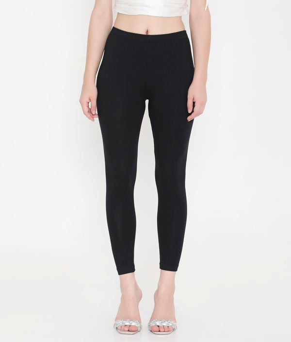 WOMEN SOLID BLACK ANKLE-LENGTH COTTON LEGGINGS