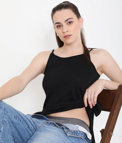KS03 Side Slit Black Kurti Slip Camisole with Adjustable Straps for Women