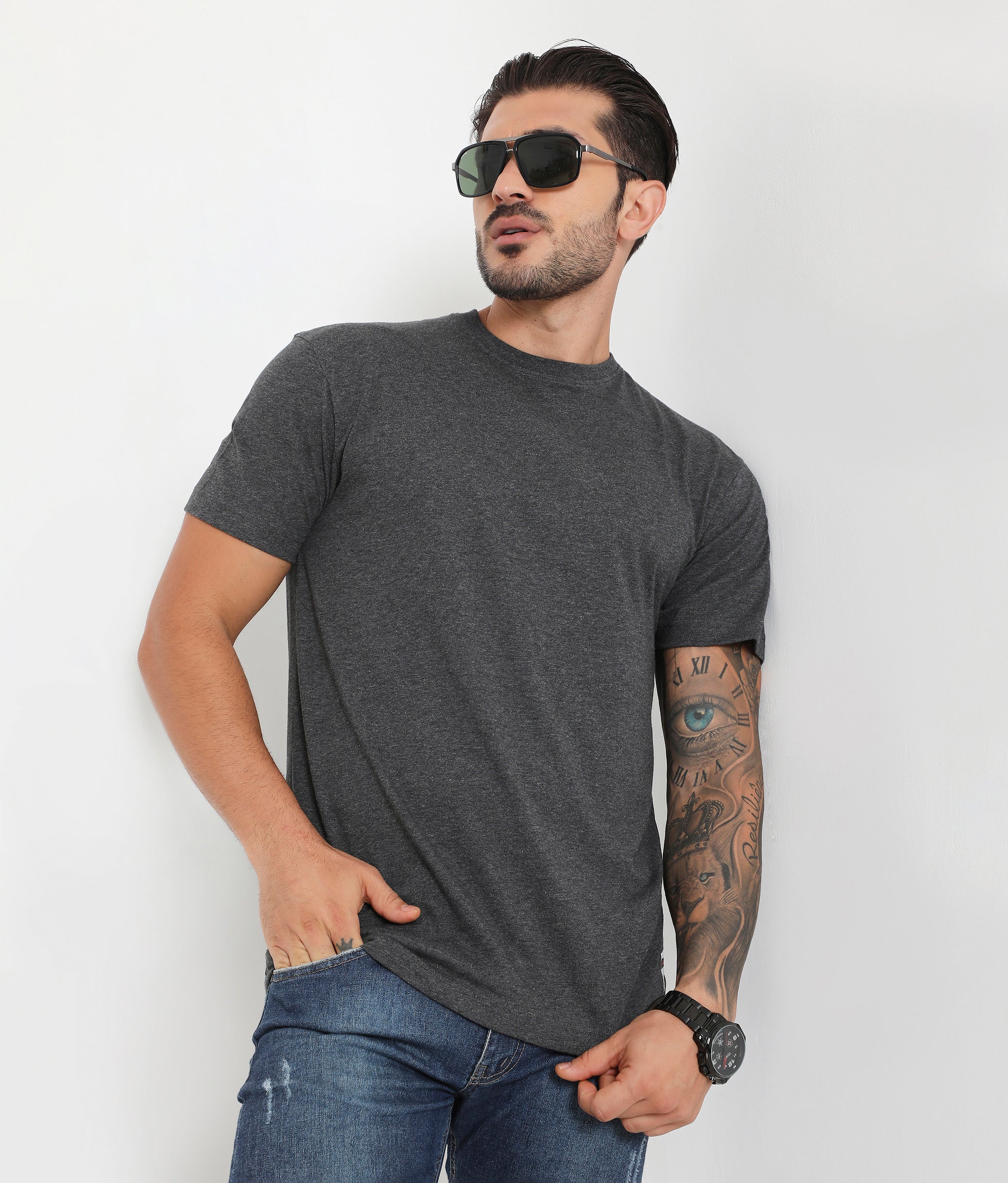 Men Charcoal Melange Leisurewear Essential Cotton Tee - 004