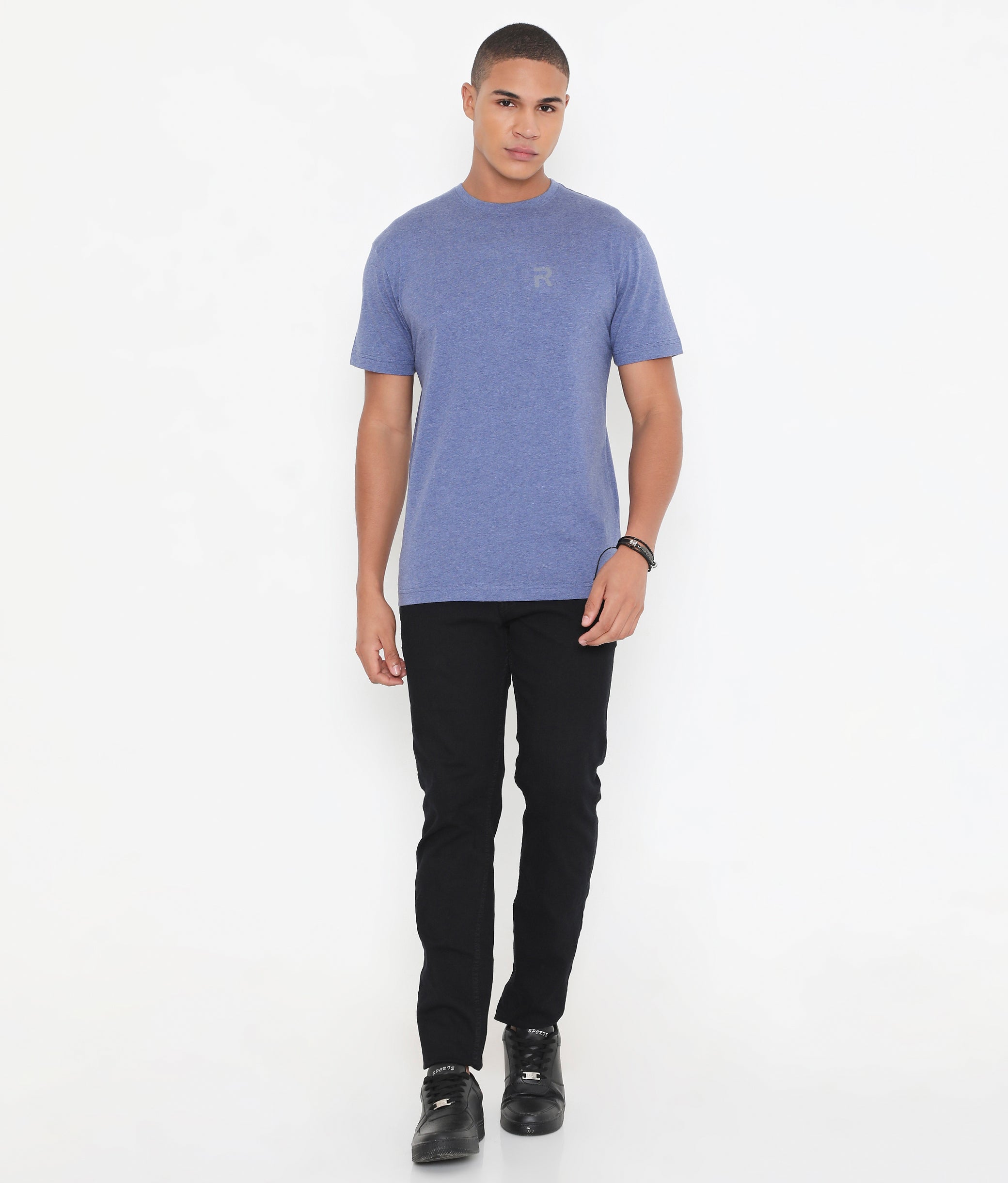 Indigo Melange Men Casuals Pure Cotton Tee - 003