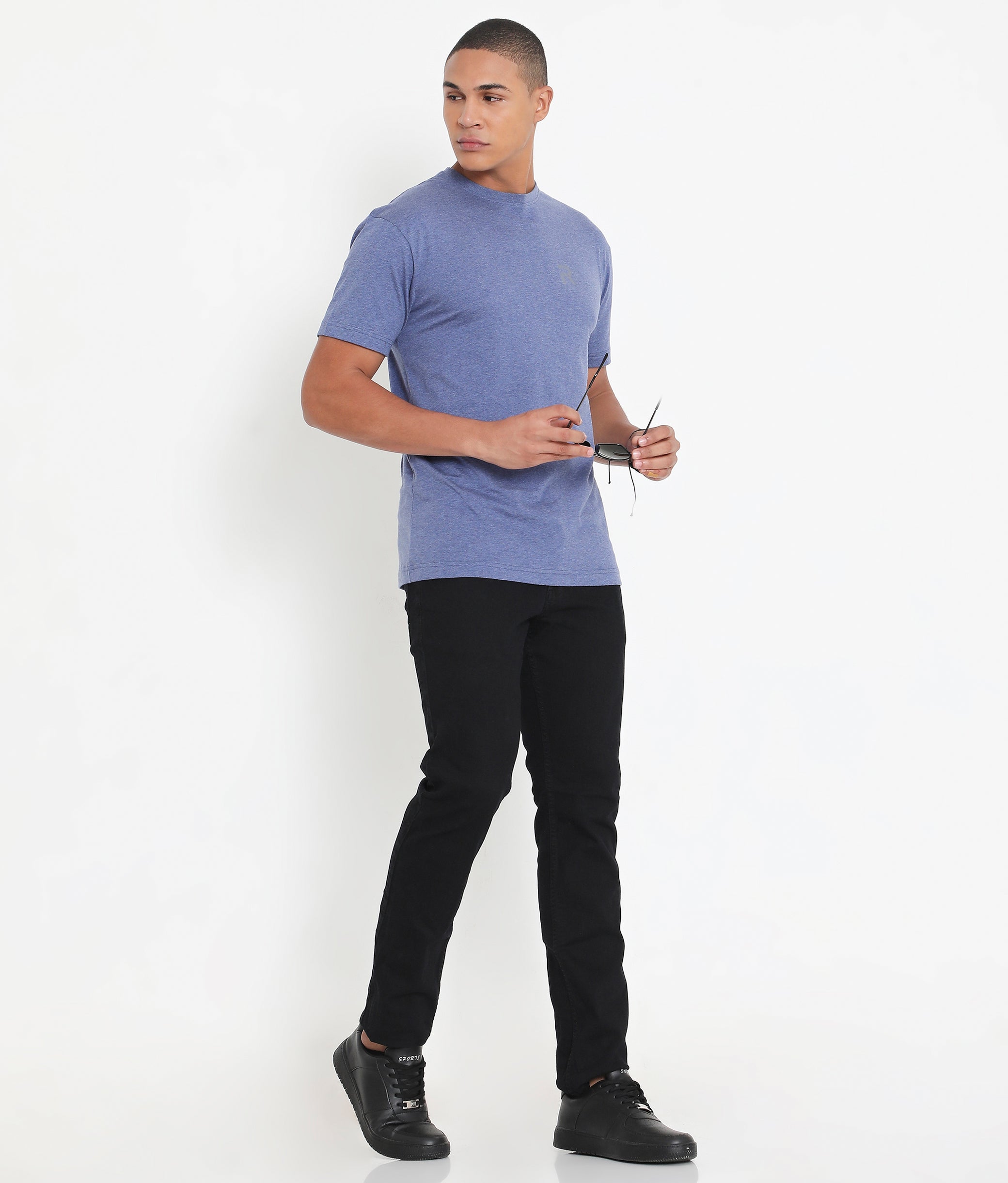 Indigo Melange Men Casuals Pure Cotton Tee - 003