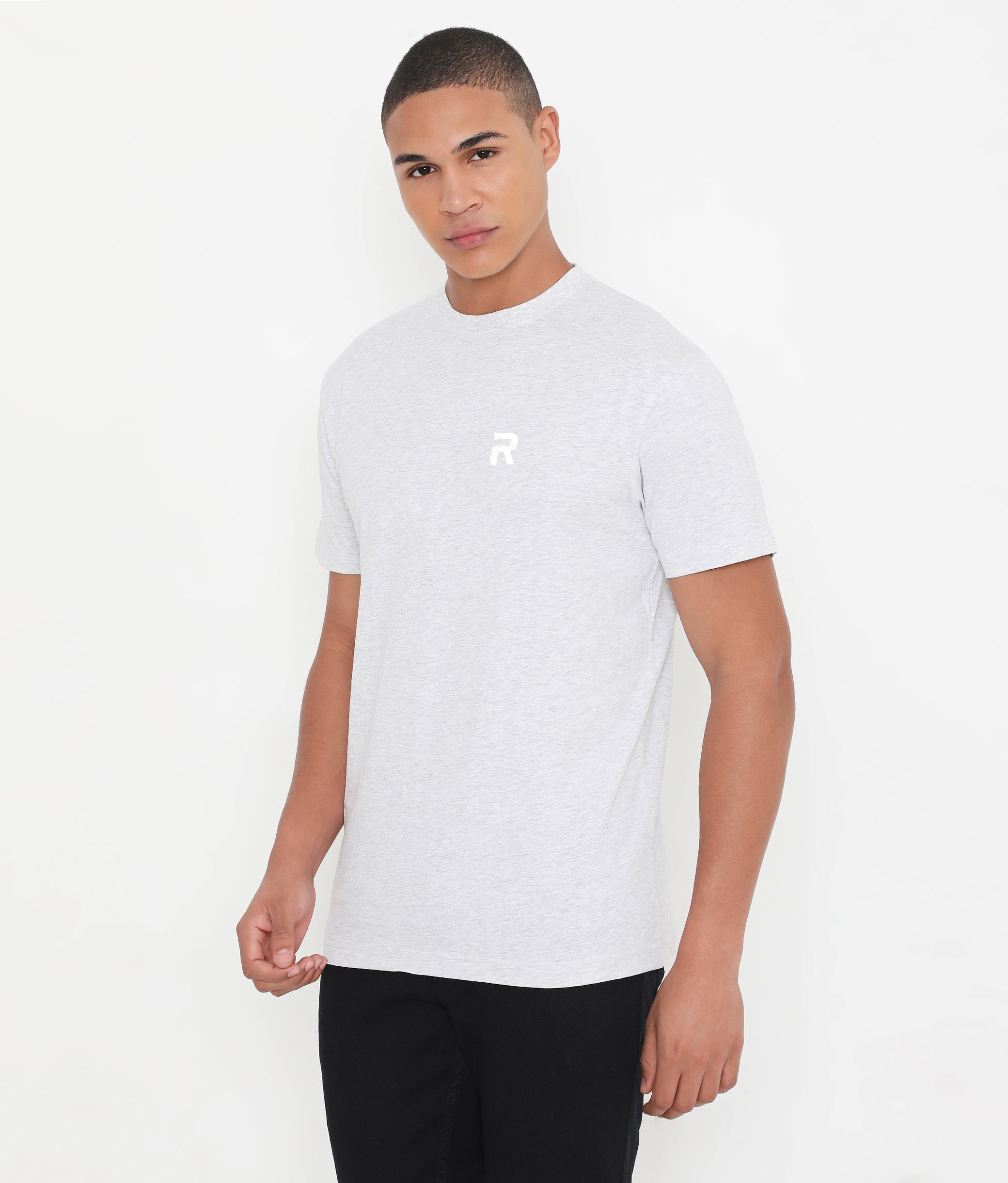 White Melange Men Solid Essential Cotton T-Shirt 001