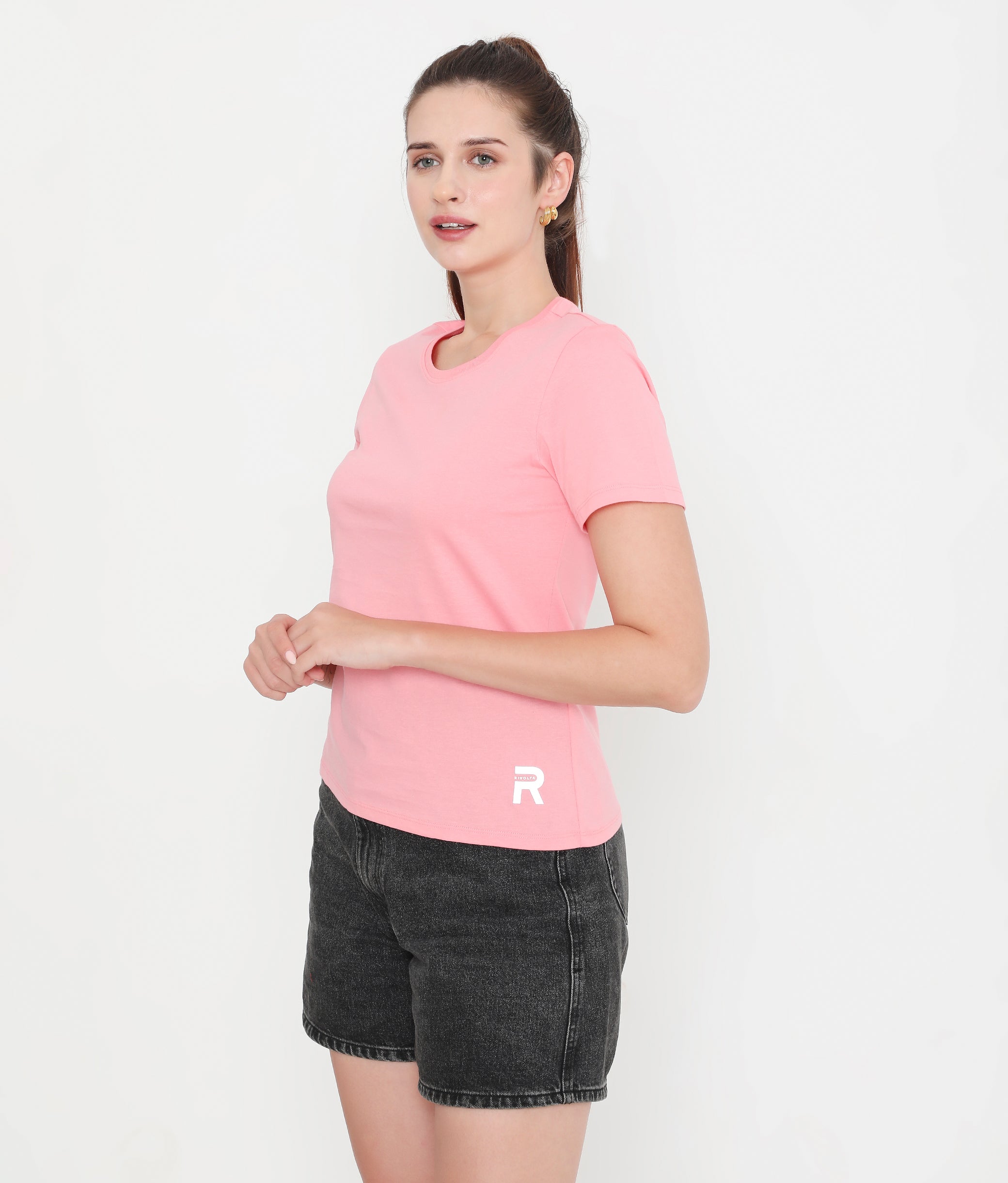 Women Solid Pink Round Neck Cotton T-Shirt - 001