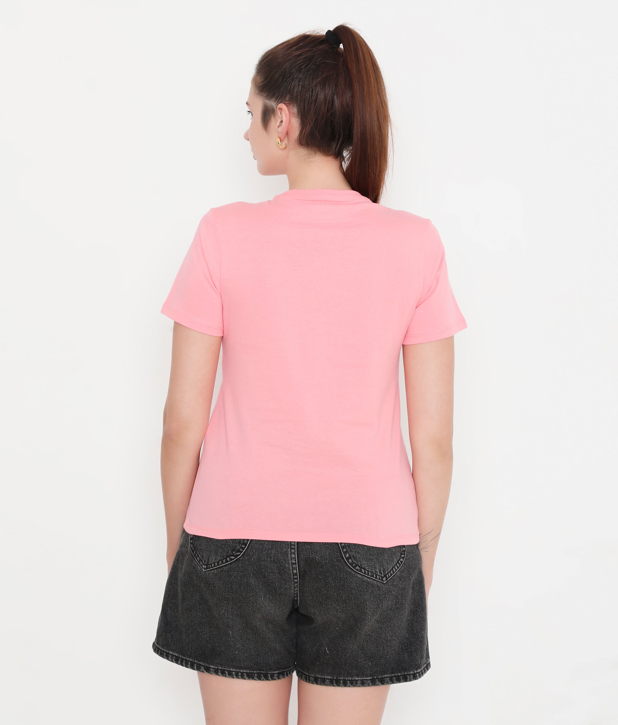 Women Solid Pink Round Neck Cotton T-Shirt - 001