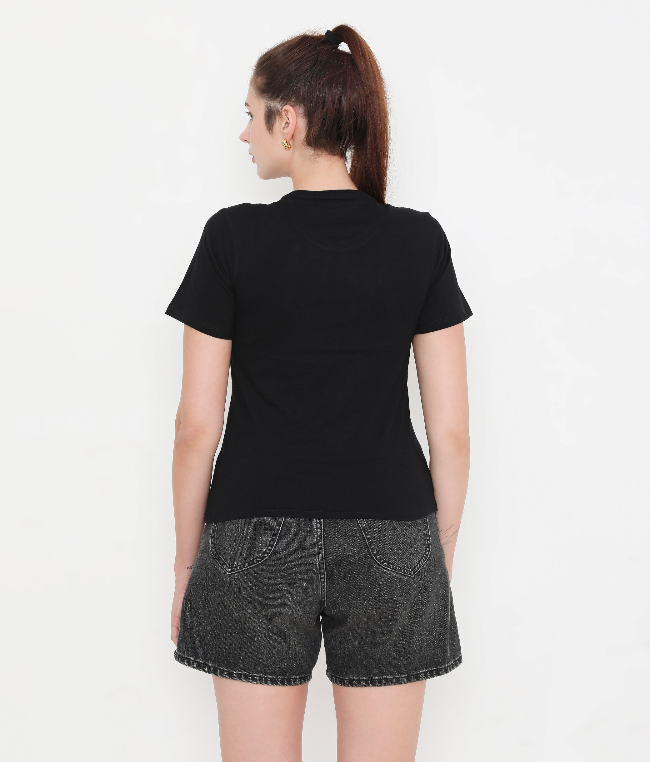 Women Solid Black Round Neck Cotton T-Shirt - 001