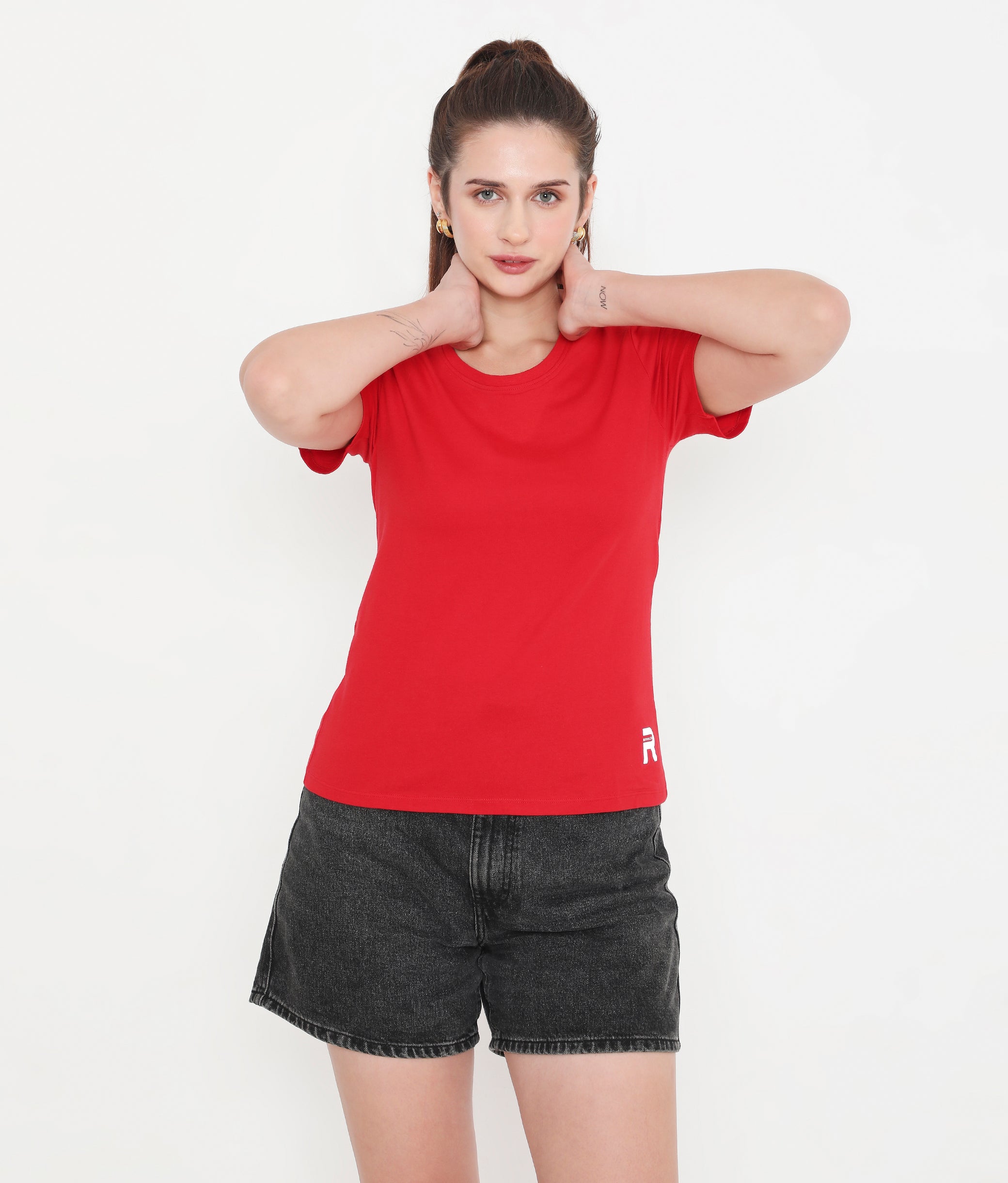 Women Solid Red Round Neck Cotton T-Shirt - 001