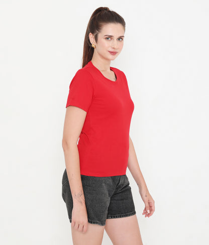 Women Solid Red Round Neck Cotton T-Shirt - 001