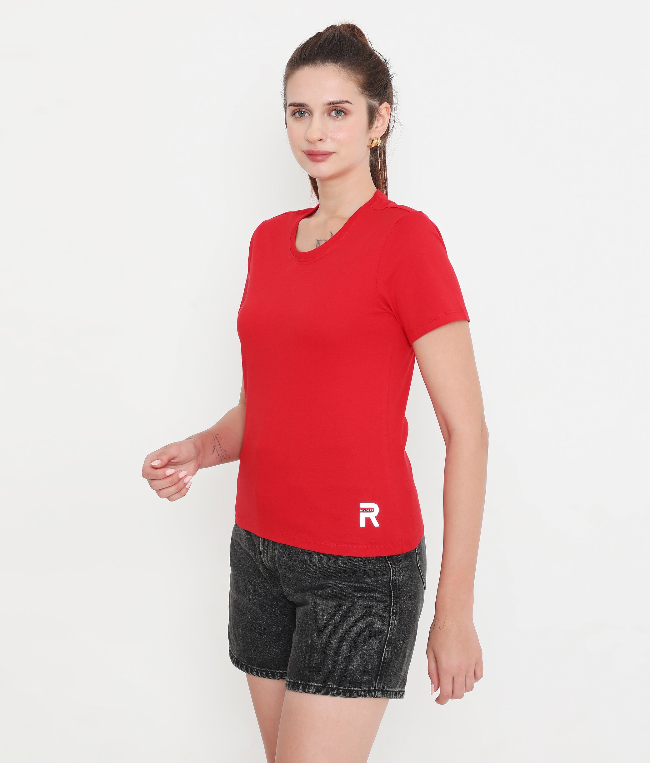 Women Solid Red Round Neck Cotton T-Shirt - 001