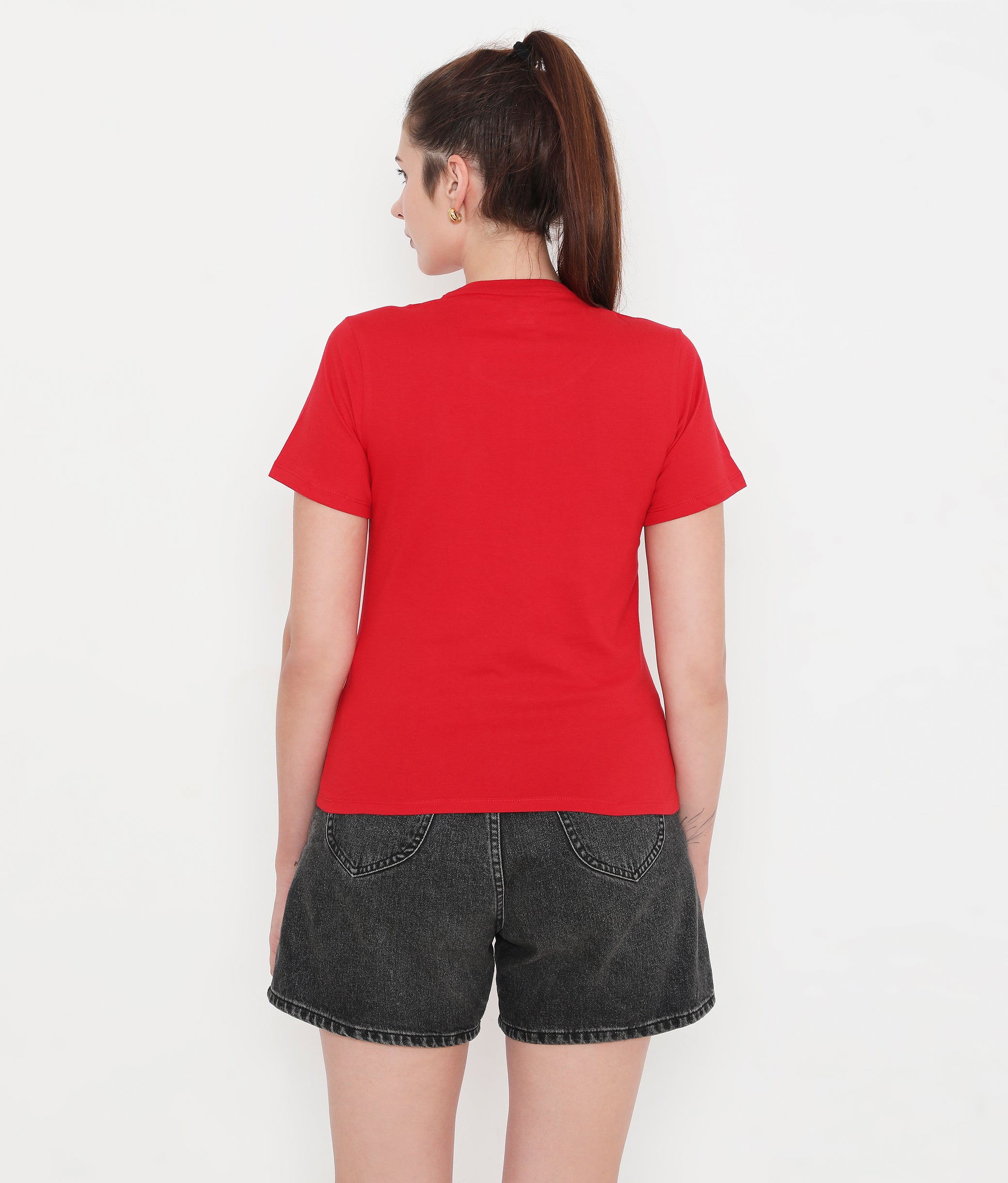 Women Solid Red Round Neck Cotton T-Shirt - 001