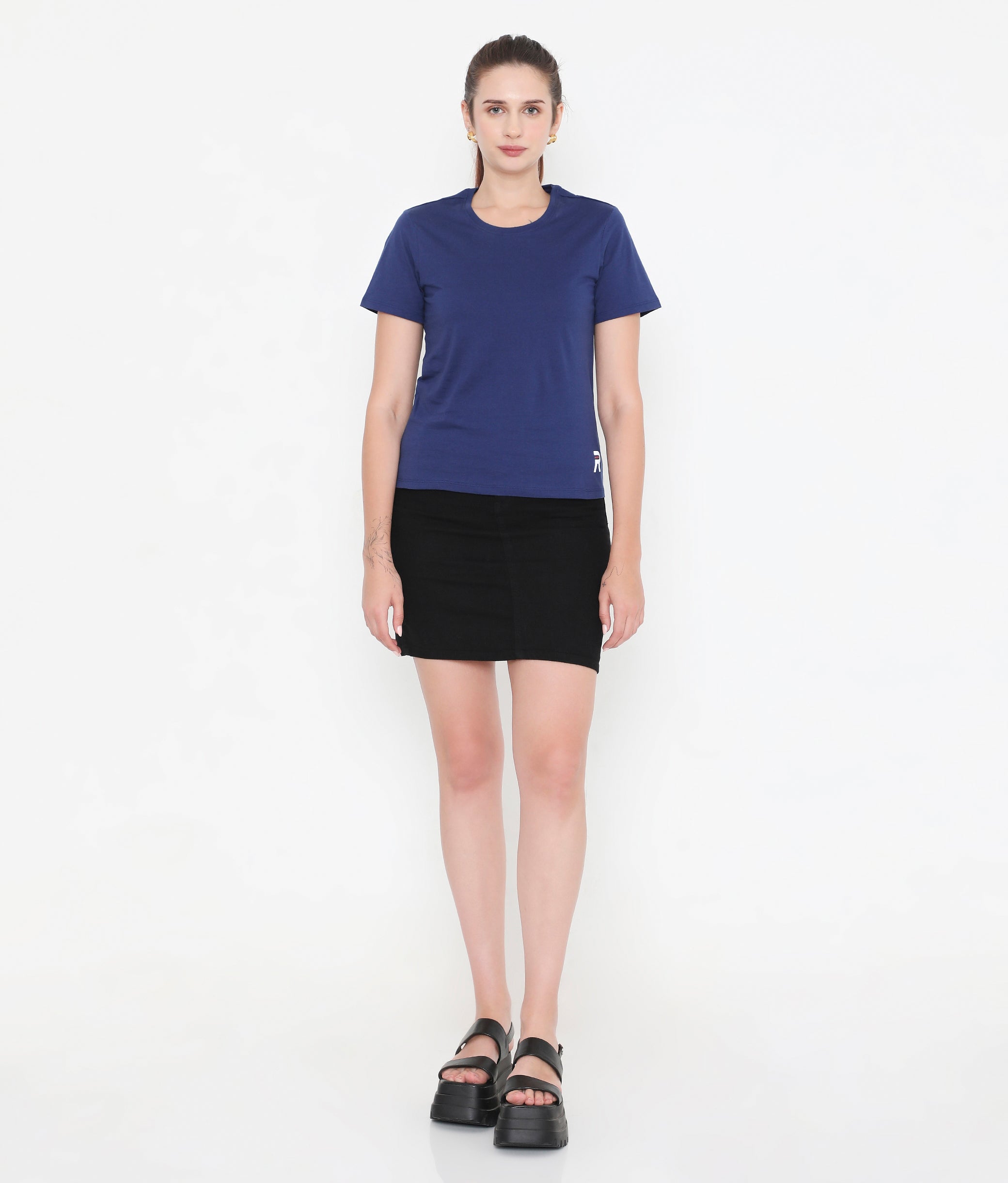 Women Solid Navy Blue Round Neck Cotton T-Shirt - 001