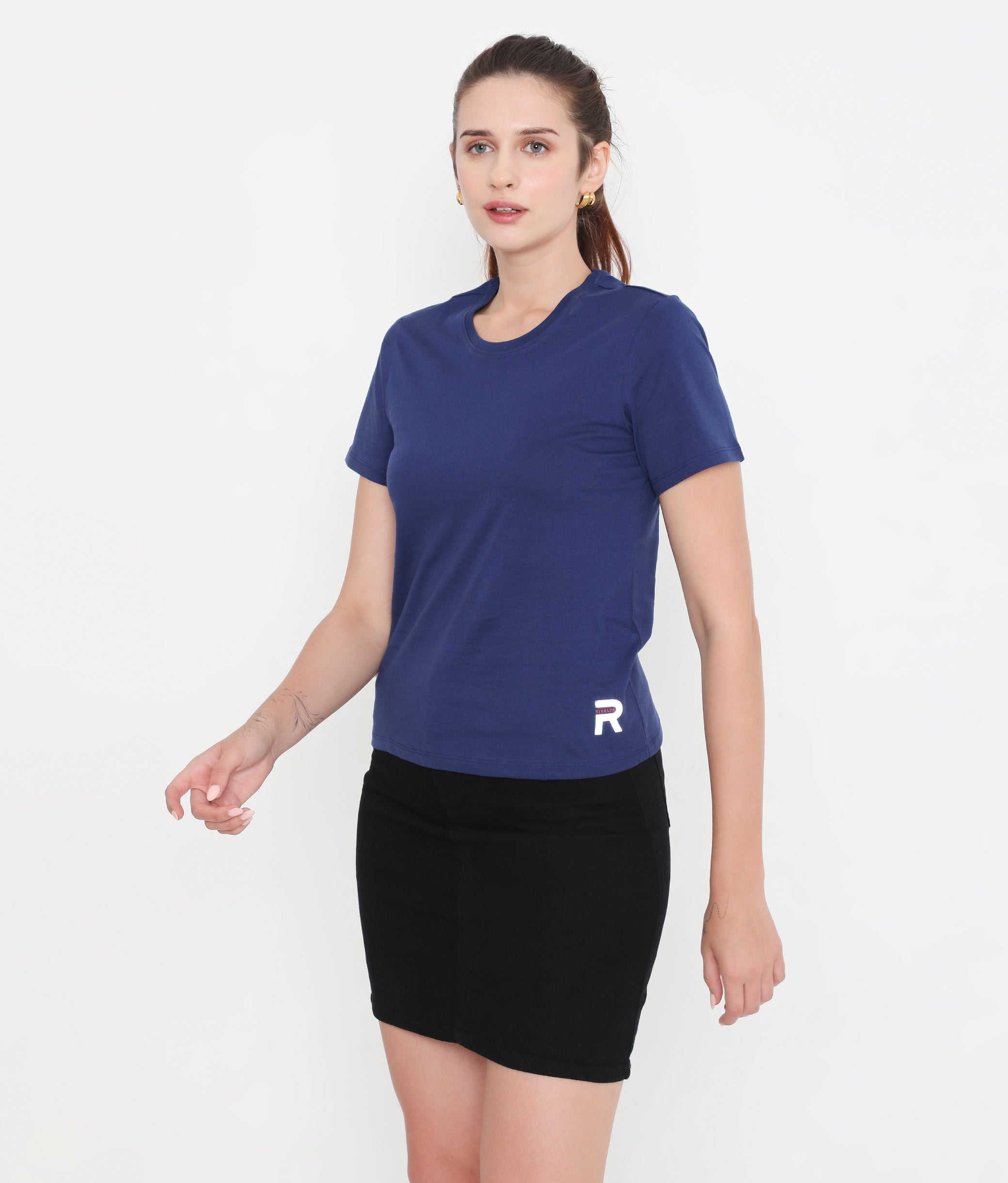 Women Solid Navy Blue Round Neck Cotton T-Shirt - 001