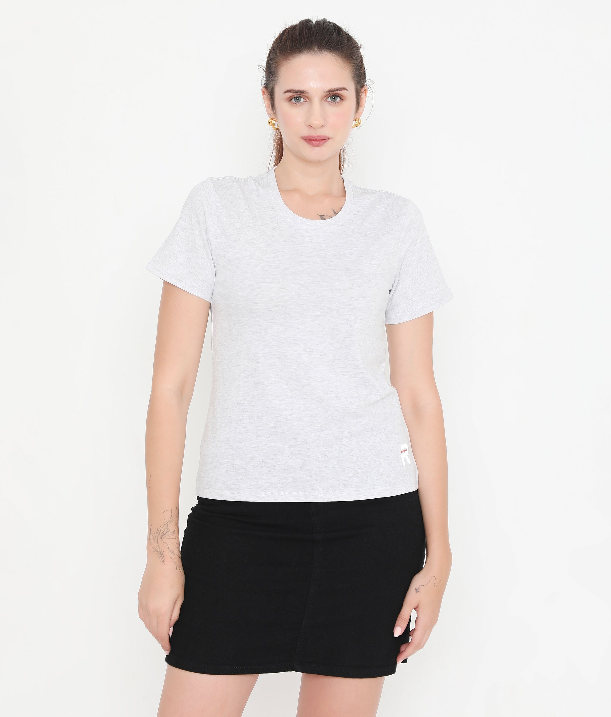 Women White Melange Round Neck Cotton T-Shirt - 001