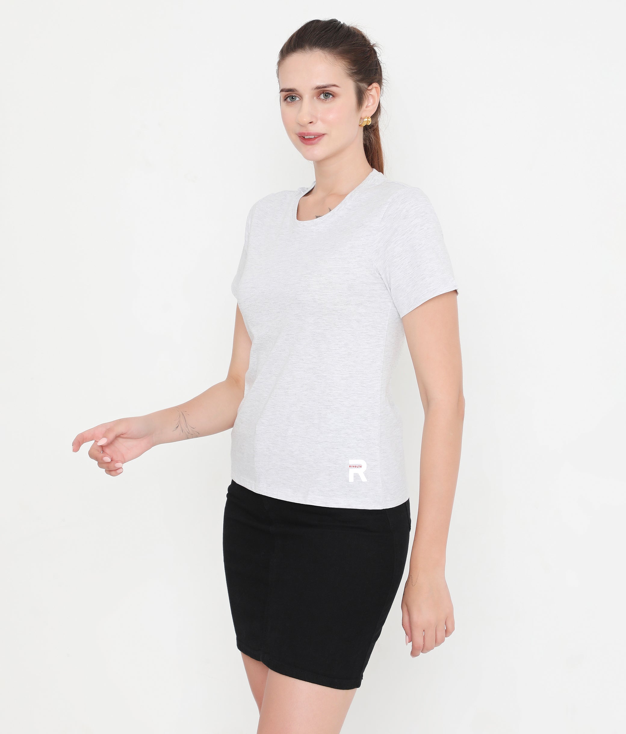 Women White Melange Round Neck Cotton T-Shirt - 001