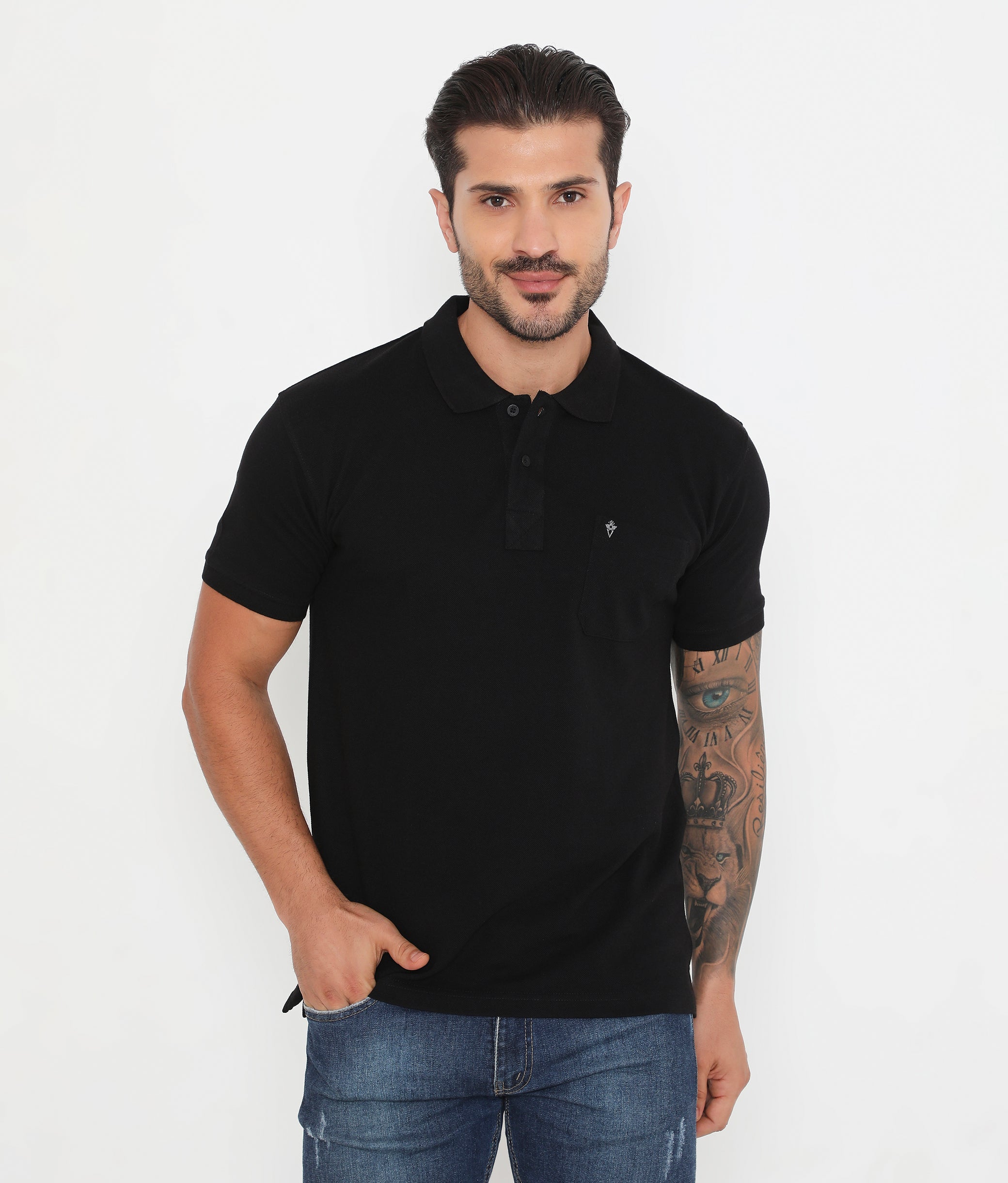 Men Solid Black Cotton Polo T-Shirt with Chest Pocket