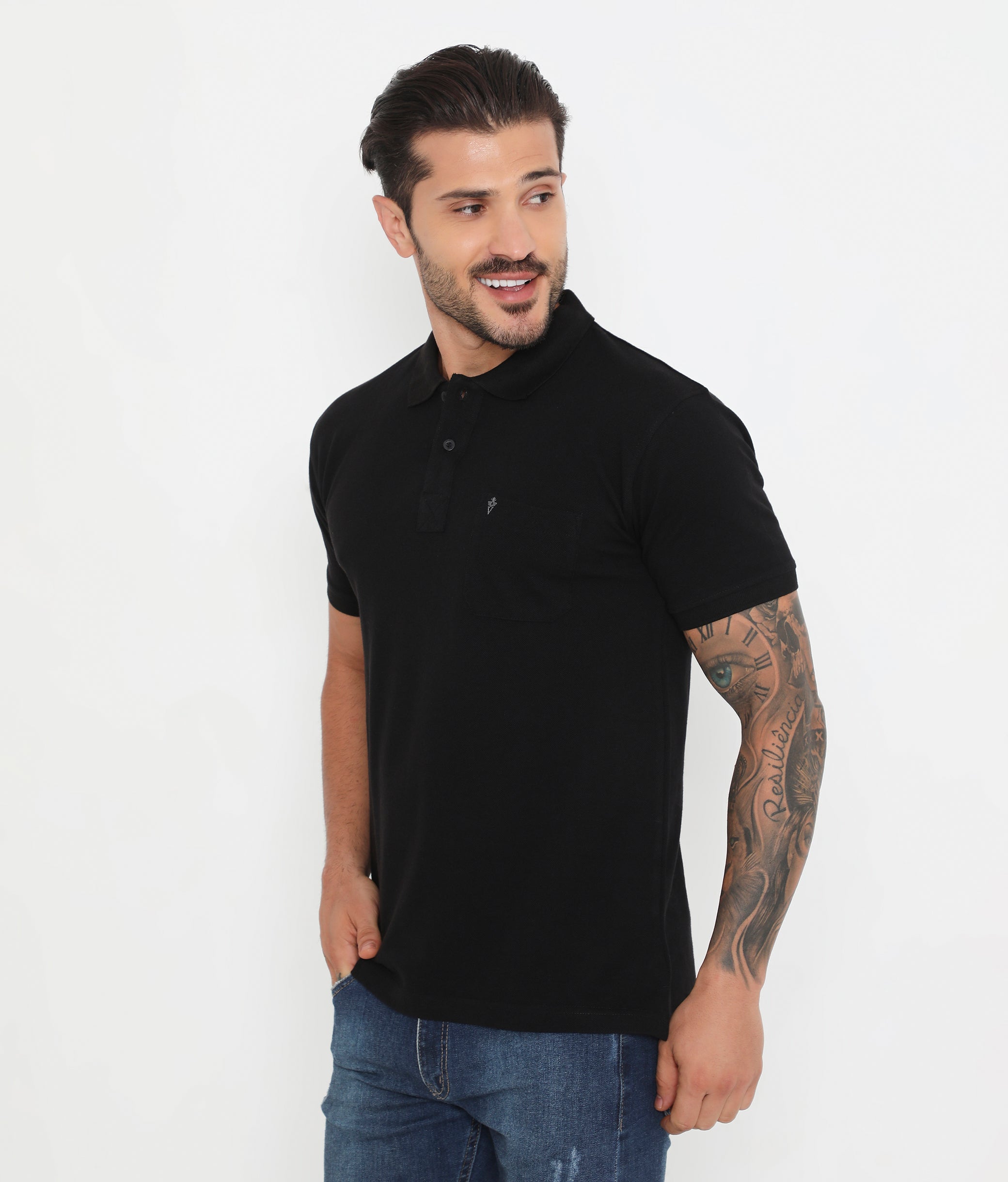 Men Solid Black Cotton Polo T-Shirt with Chest Pocket