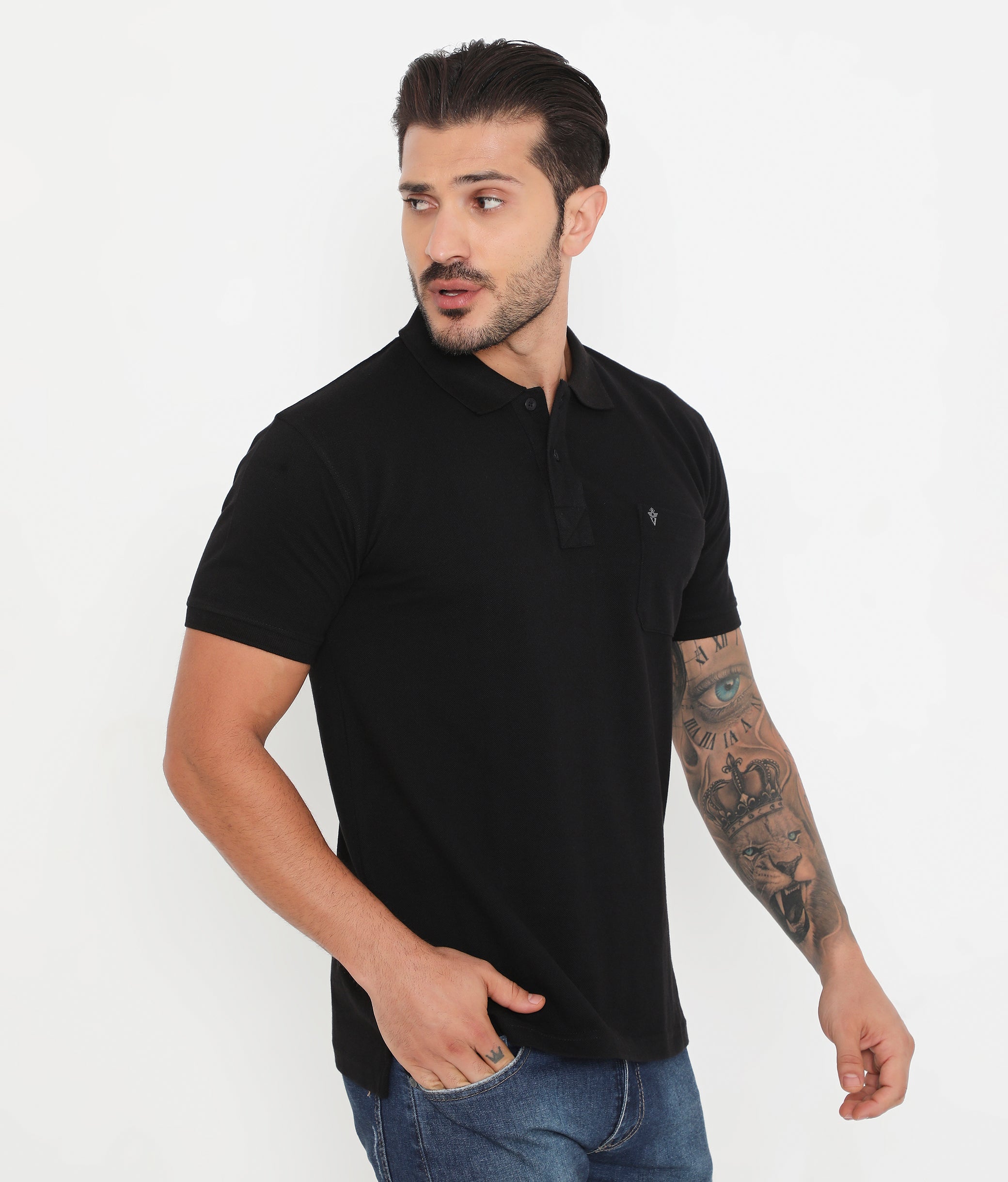 Men Solid Black Cotton Polo T-Shirt with Chest Pocket