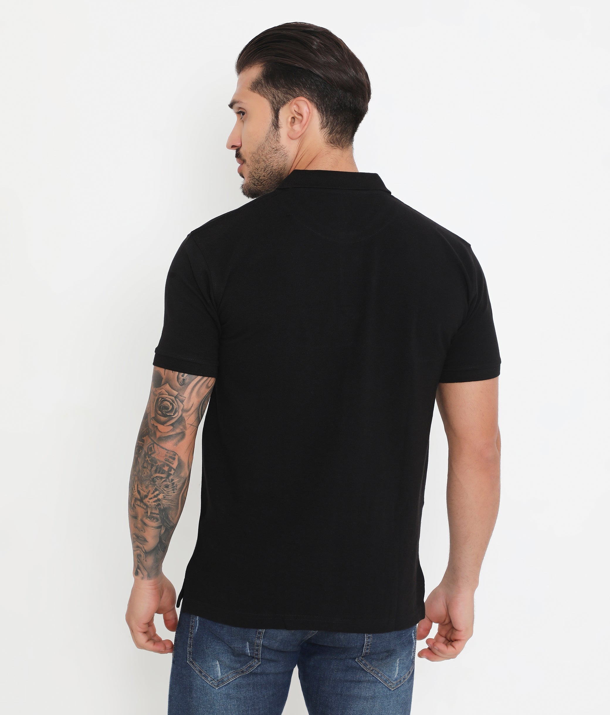 Men Solid Black Cotton Polo T-Shirt with Chest Pocket