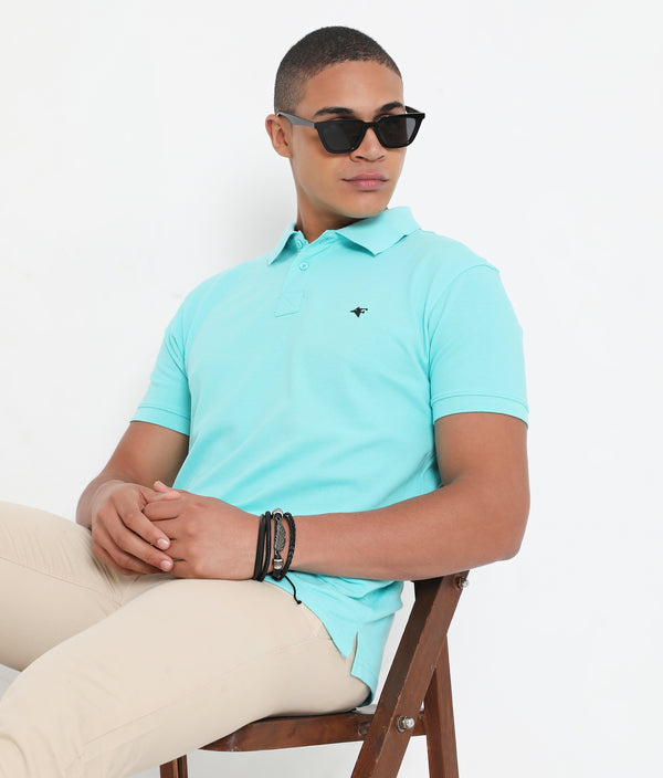 Men Solid Aqua Blue Classic Polo T-Shirt
