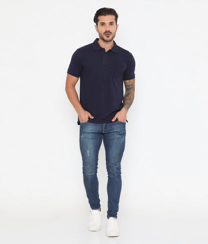 Men Navy Blue Essential Cotton Polo T-Shirt with Chest Pocket