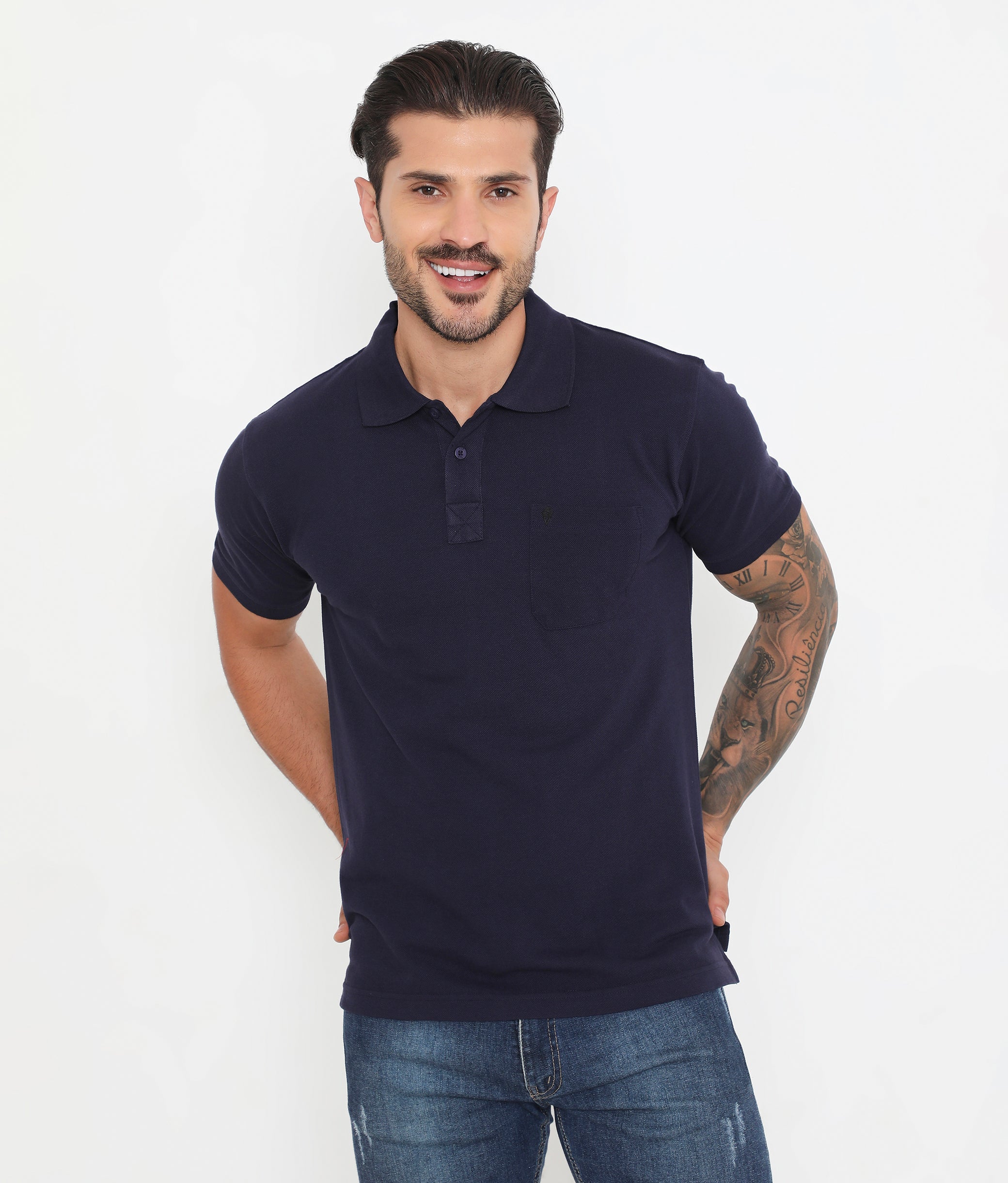 Men Navy Blue Essential Cotton Polo T-Shirt with Chest Pocket