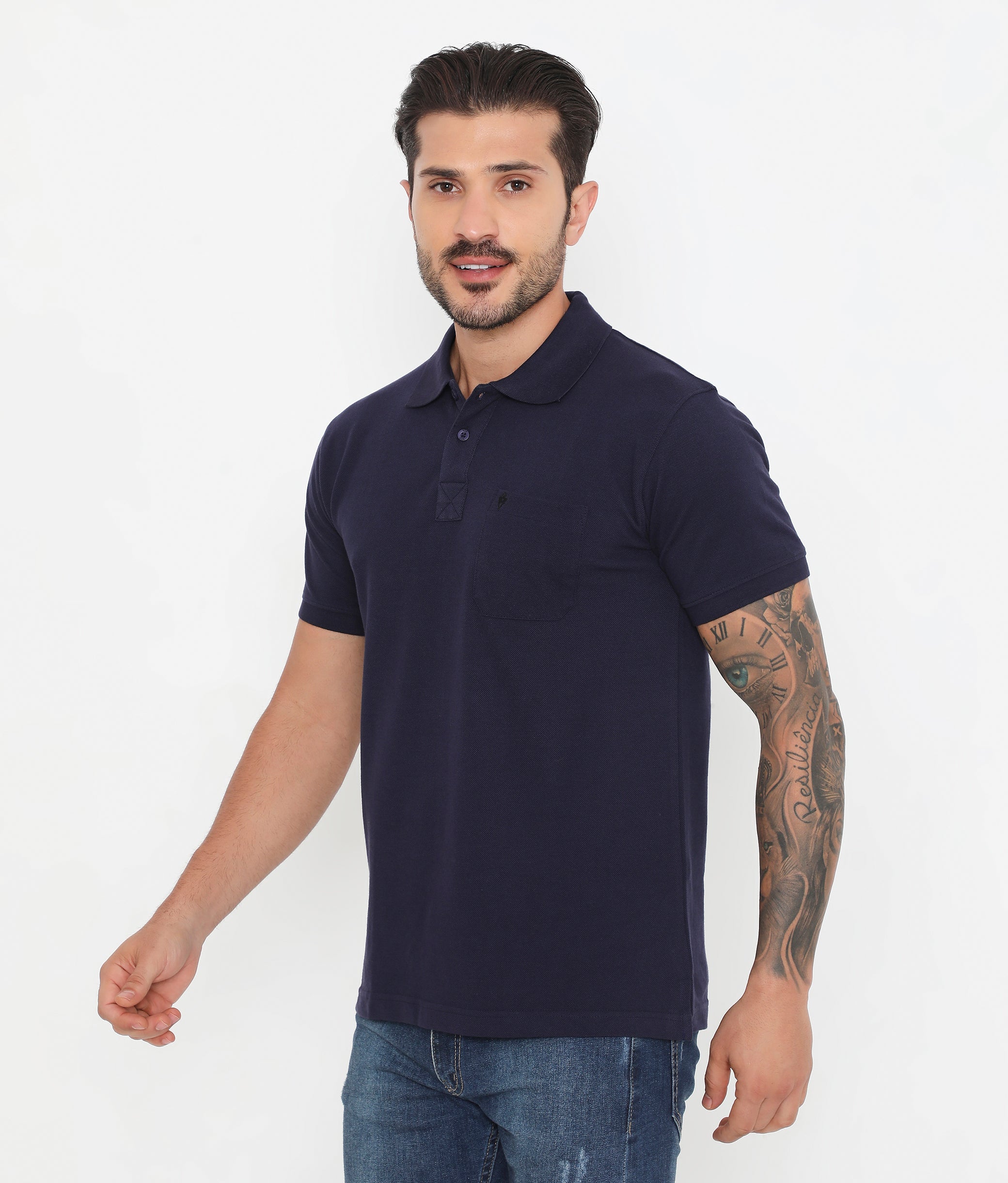 Men Navy Blue Essential Cotton Polo T-Shirt with Chest Pocket