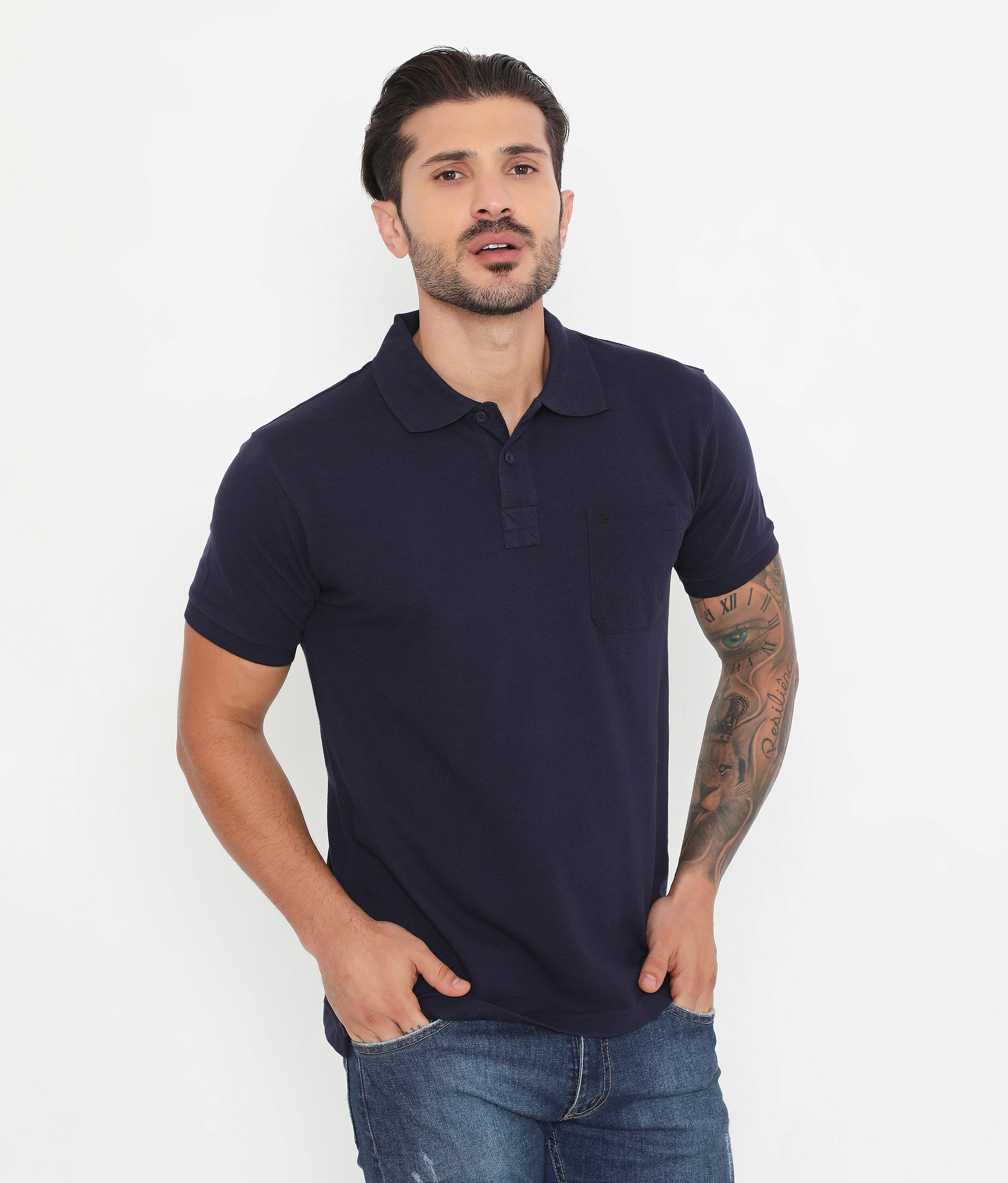 Men Navy Blue Essential Cotton Polo T-Shirt with Chest Pocket