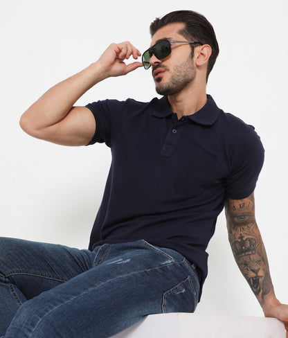 Men Navy Blue Essential Cotton Polo T-Shirt with Chest Pocket
