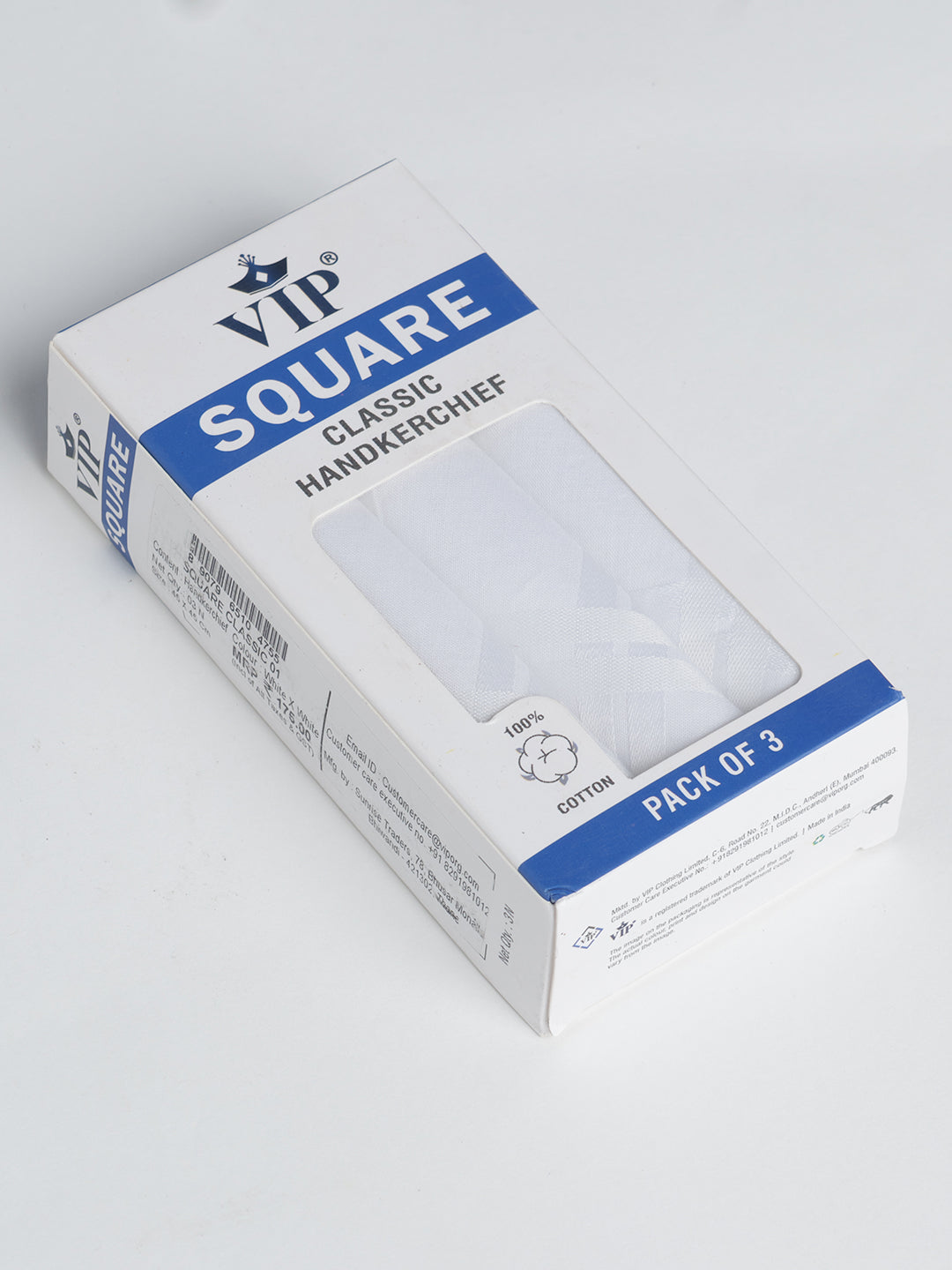 VIP Men's Solid Cotton White Square Classic 01 Handkerchief-Pack of 3