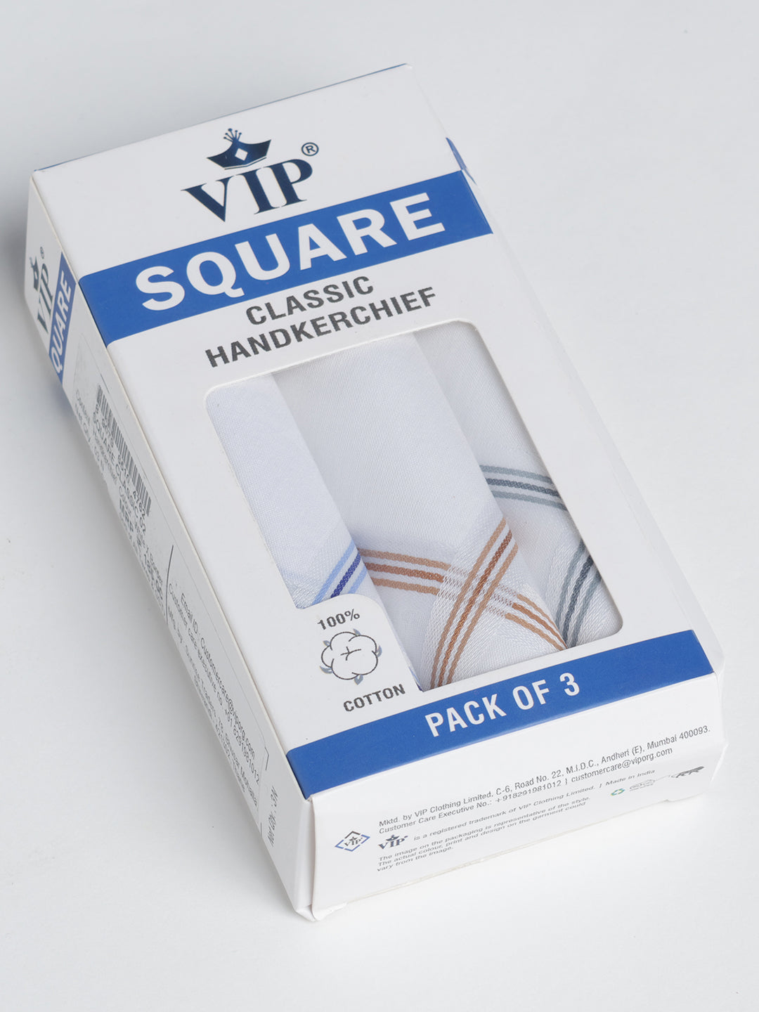VIP Men's Solid Cotton White Square Classic 02 Handkerchief-Pack of 3