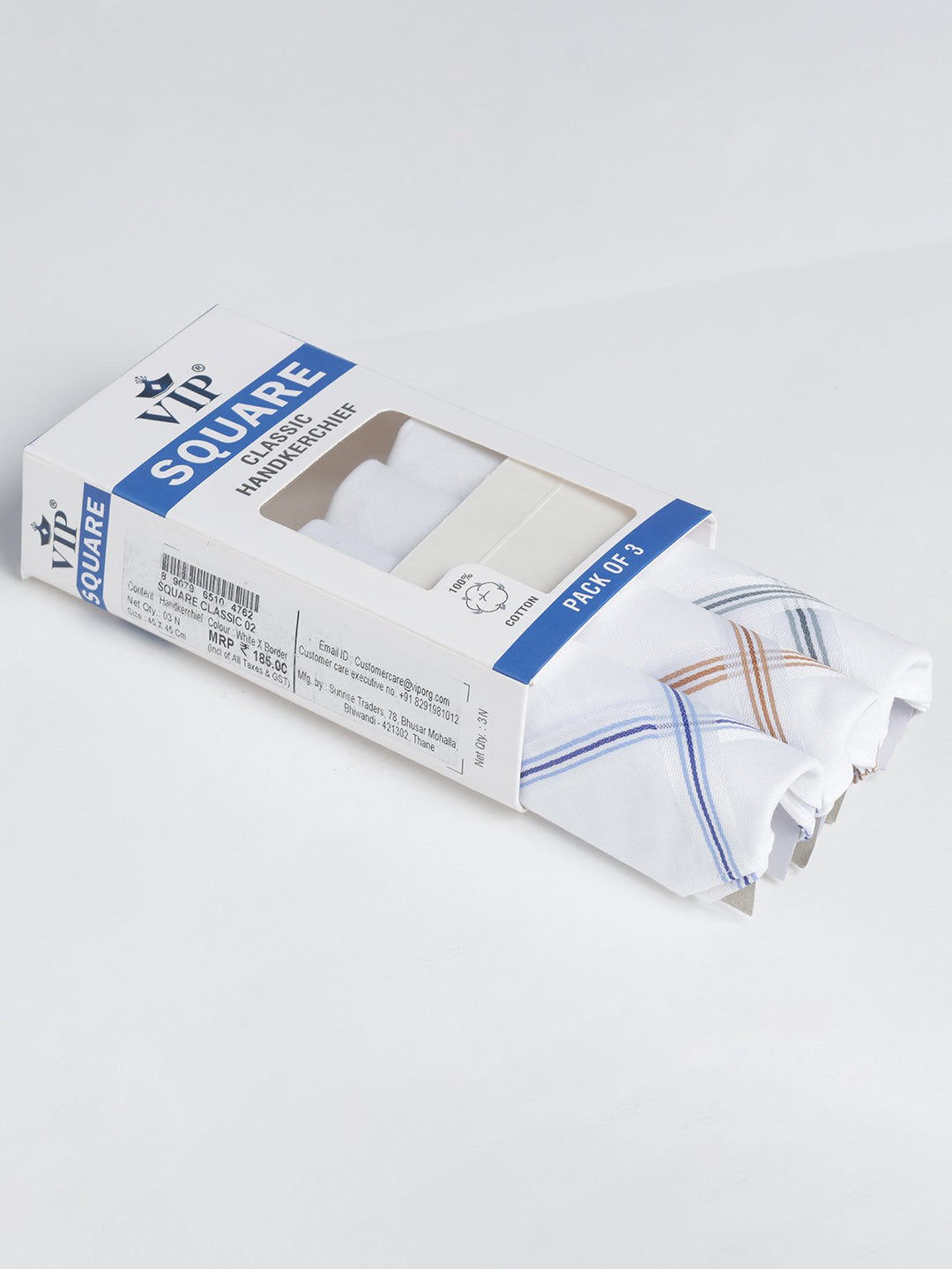 VIP Men's Solid Cotton White Square Classic 02 Handkerchief-Pack of 3
