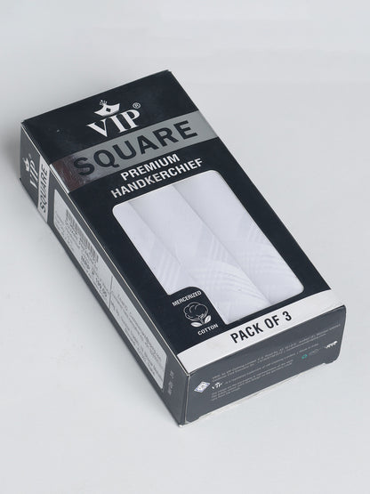 VIP Men's Solid Cotton White Square Premium 01 Handkerchief-Pack of 3