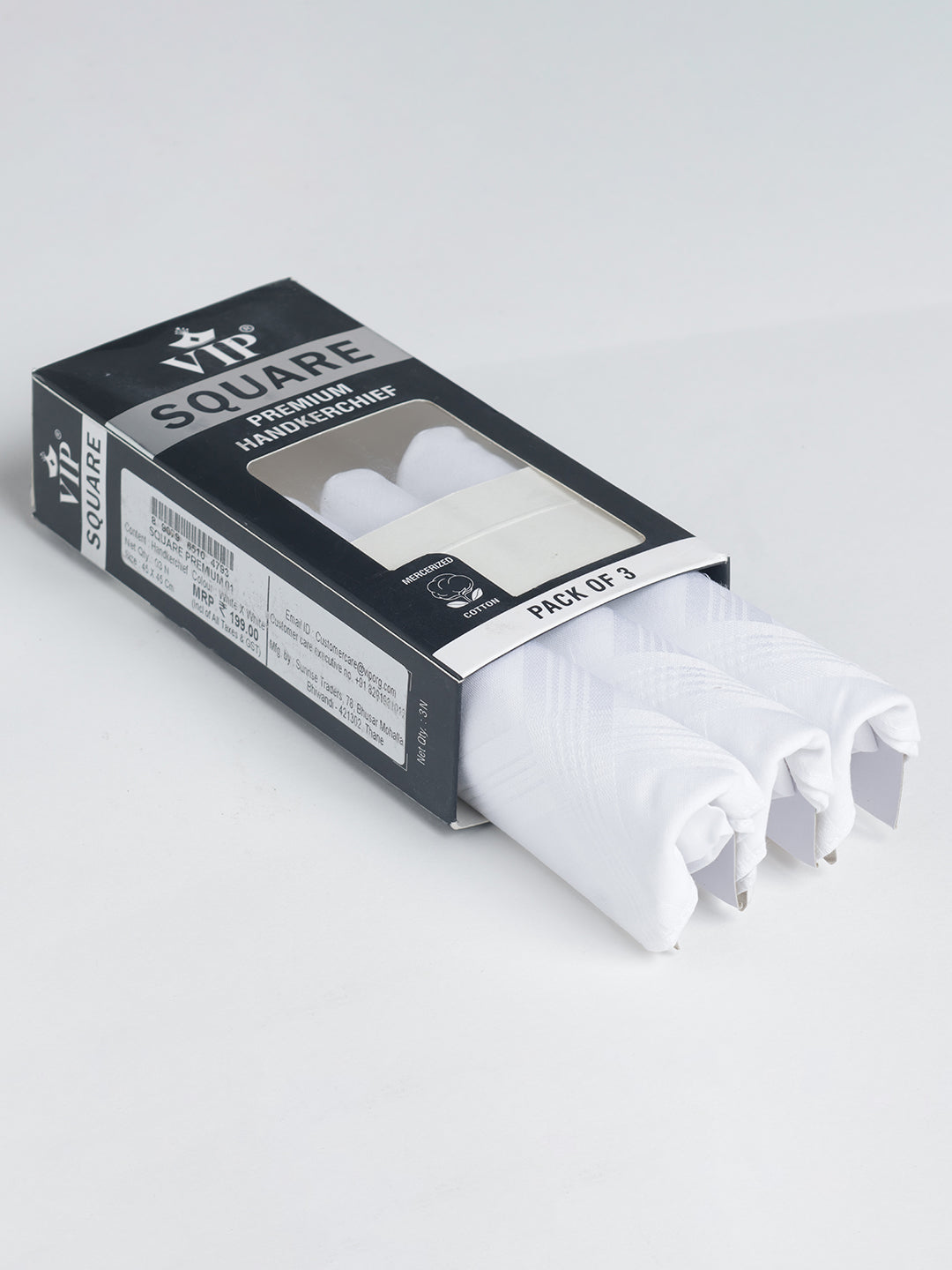 VIP Men's Solid Cotton White Square Premium 01 Handkerchief-Pack of 3