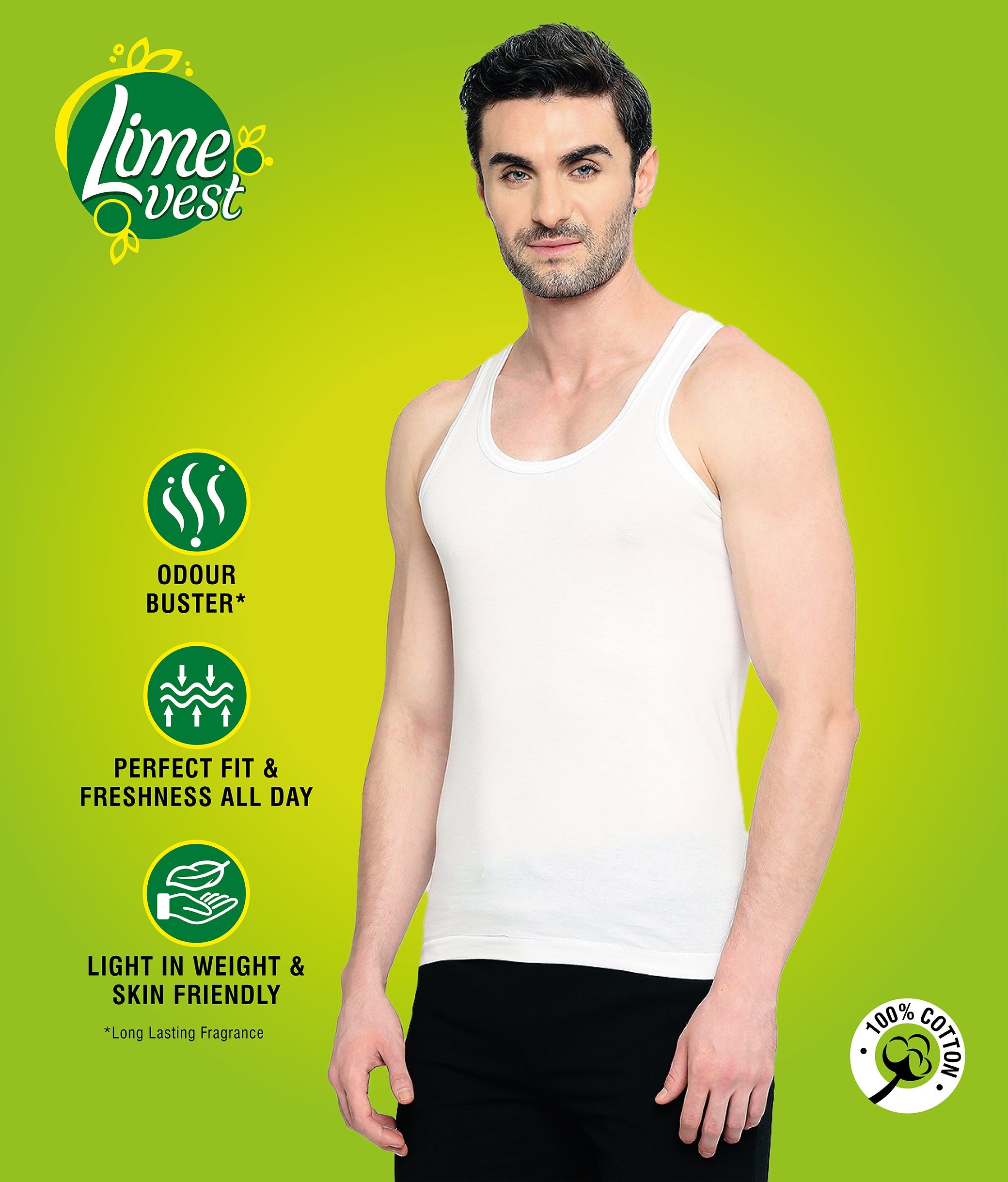 Fresh Men's Lime Fragrant Pure Cotton Vest | Skin Friendly | Odour Buster Technology