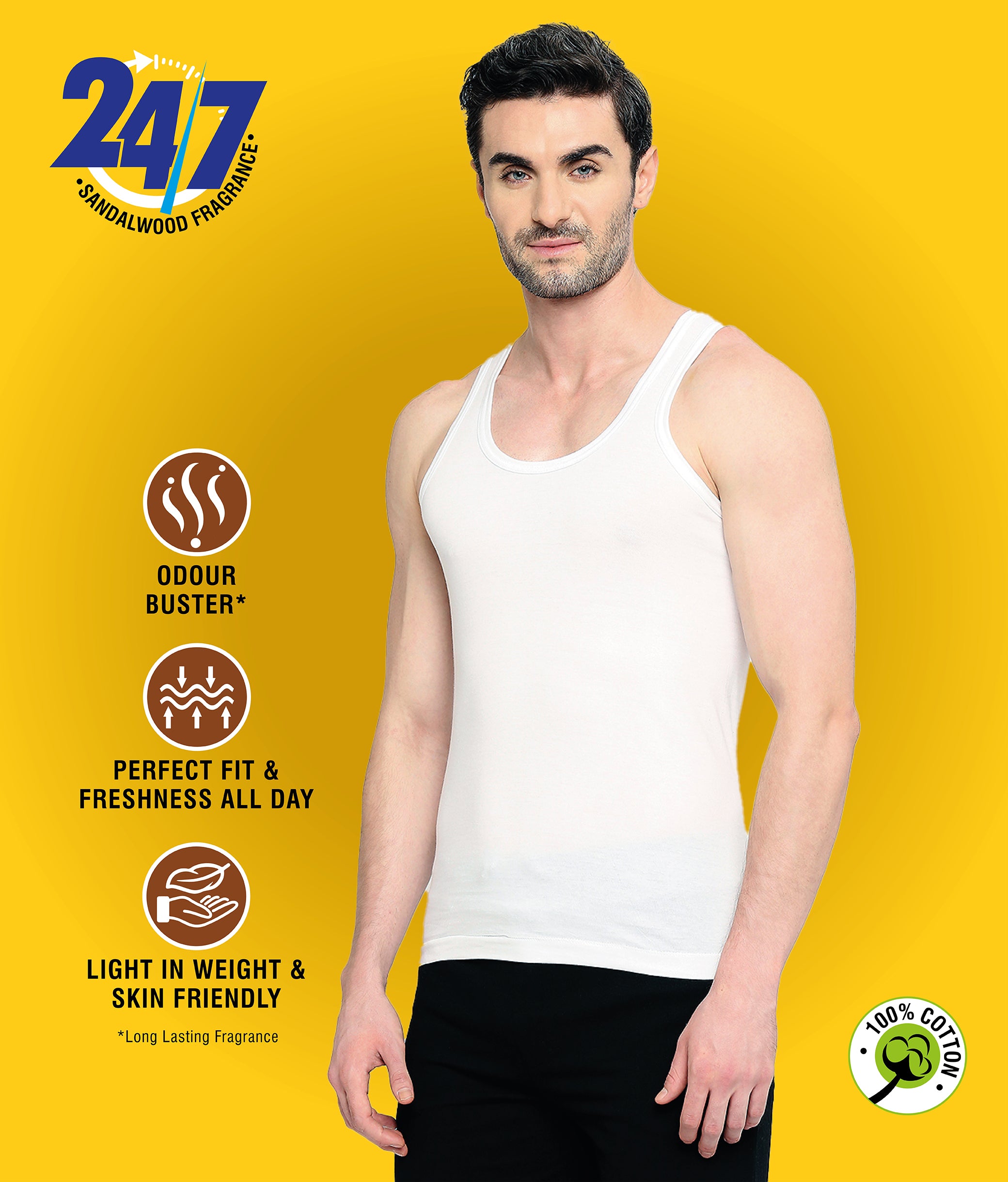 Fresh Men's Sandalwood Scented Cotton Vest with Odour Buster Technology