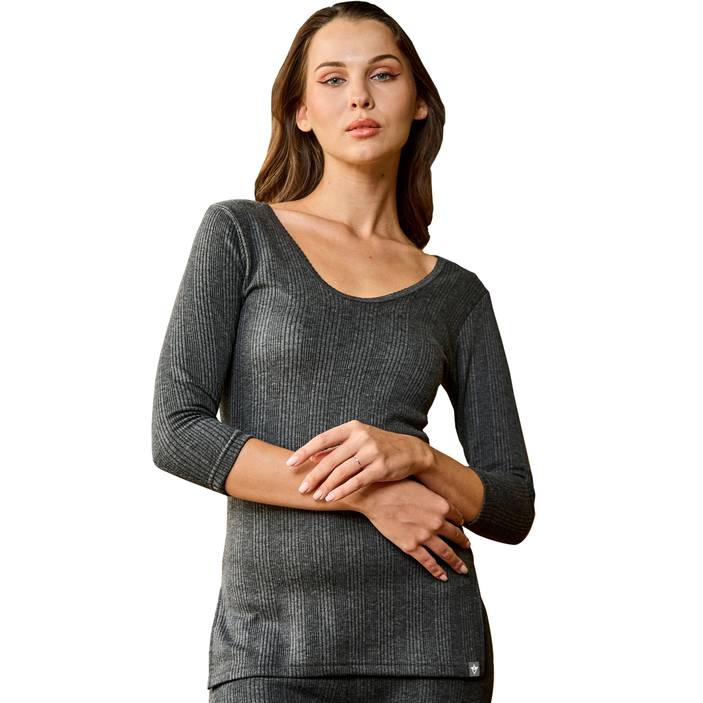 VIP Women Scoop Neck 3/4 Sleeves Top Thermal Wear - Charcol Melange