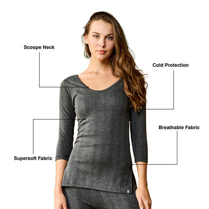 VIP Women Scoop Neck 3/4 Sleeves Top Thermal Wear - Charcol Melange