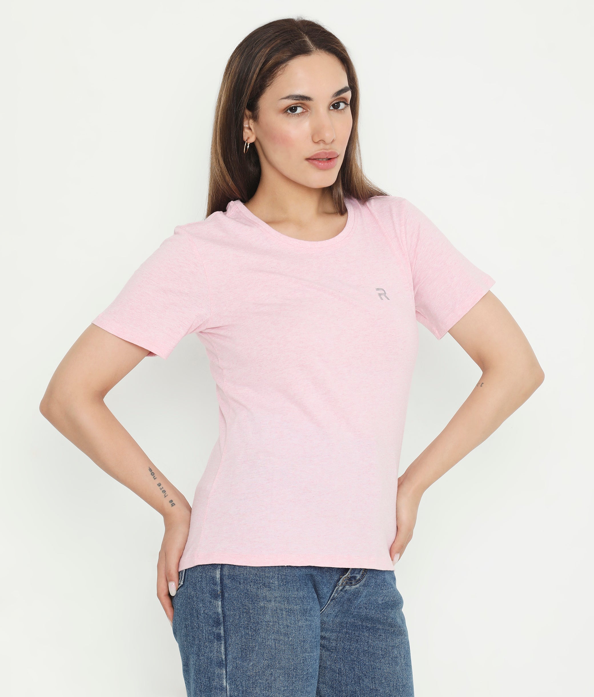 Pink Melange Essential Cotton T-Shirt For Women - 002