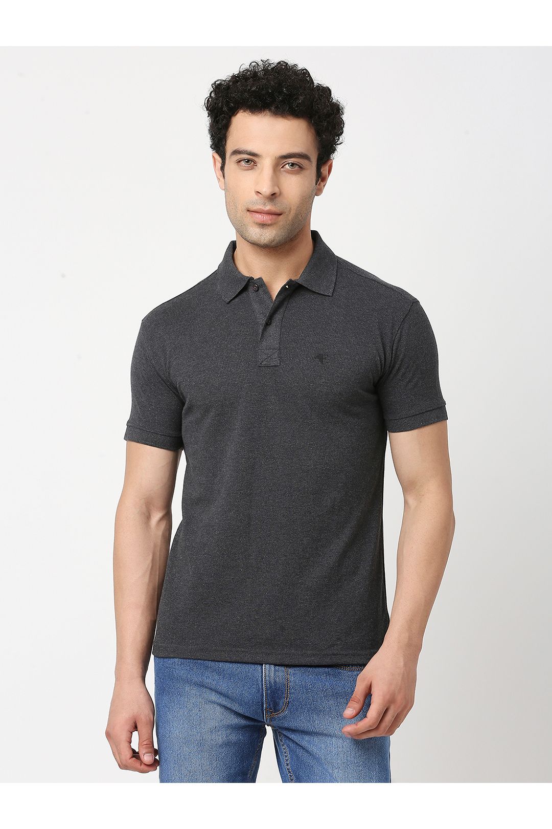 Men Charcoal Melange Cotton Polo T-Shirt