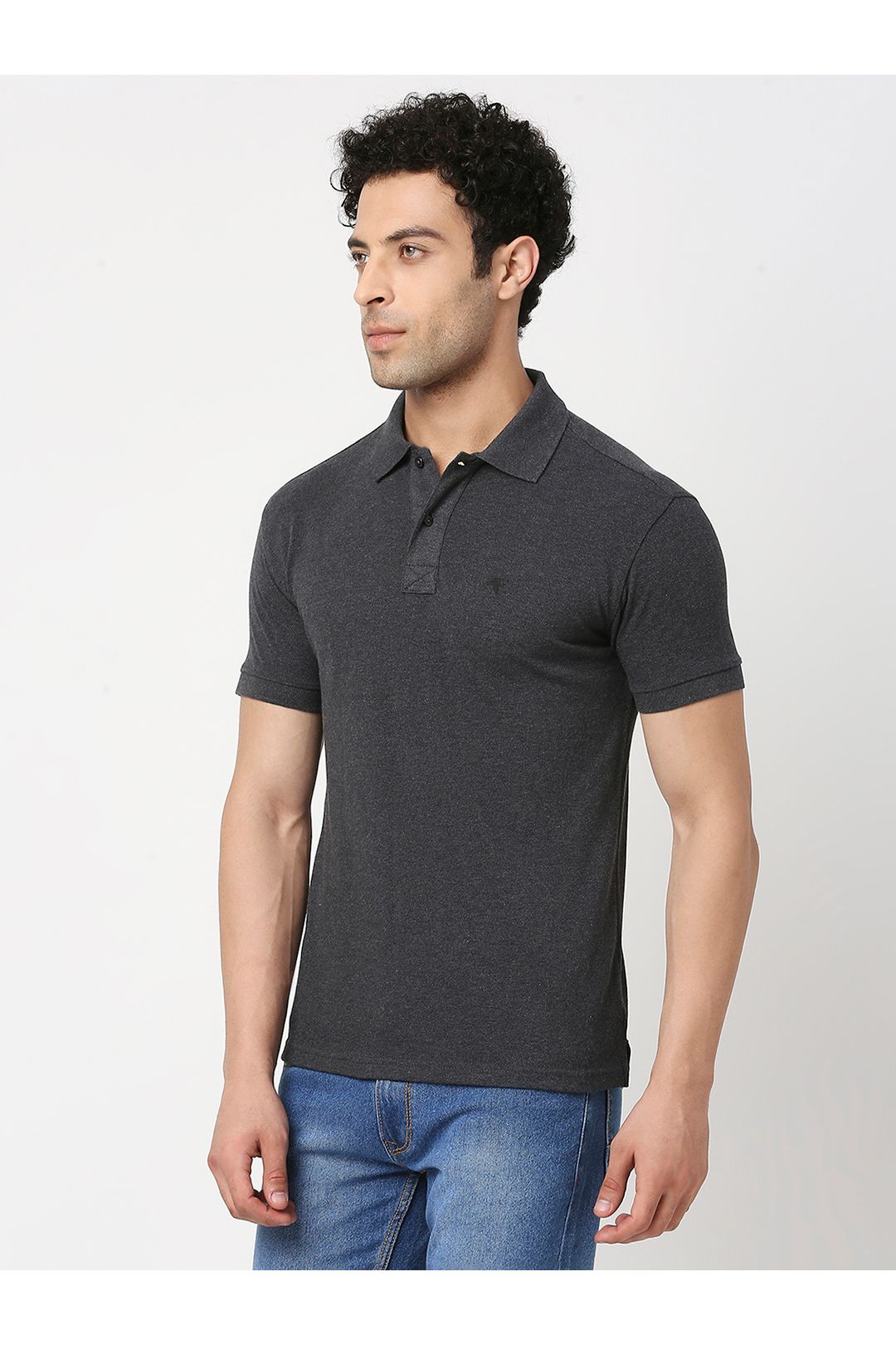 Men Charcoal Melange Cotton Polo T-Shirt