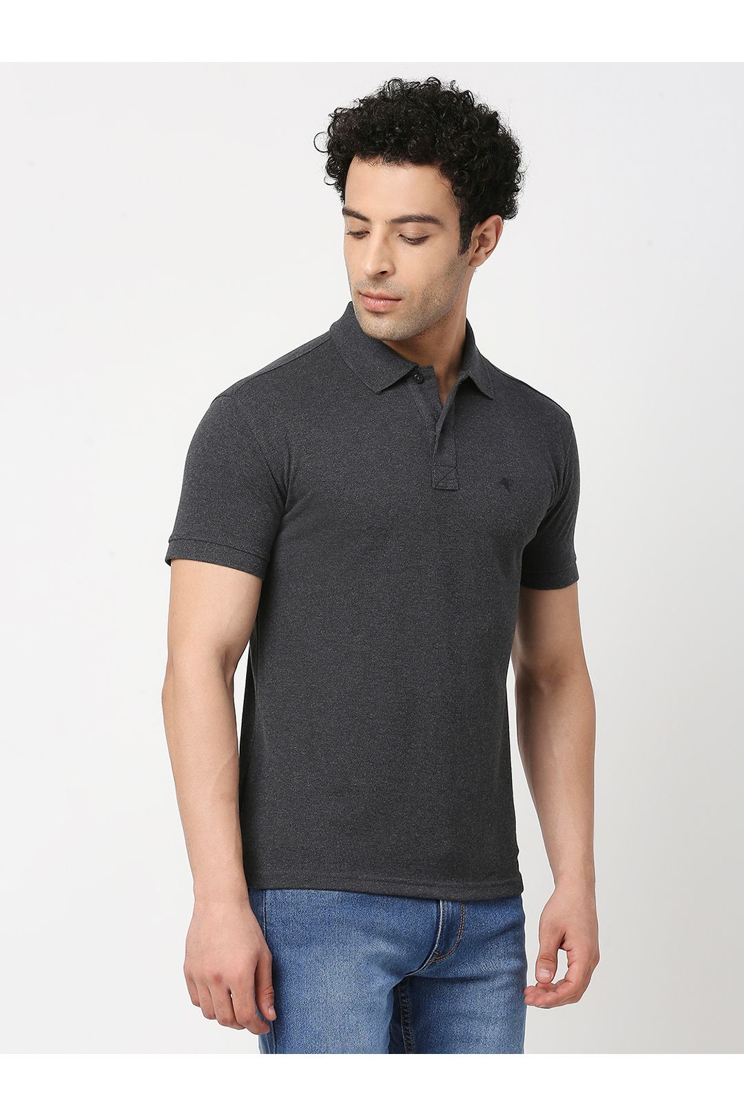 Men Charcoal Melange Cotton Polo T-Shirt