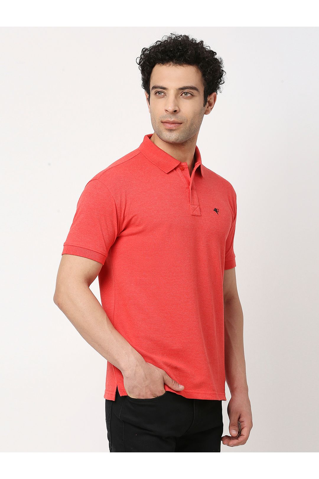 Men Peach Melange Cotton Polo T-Shirt