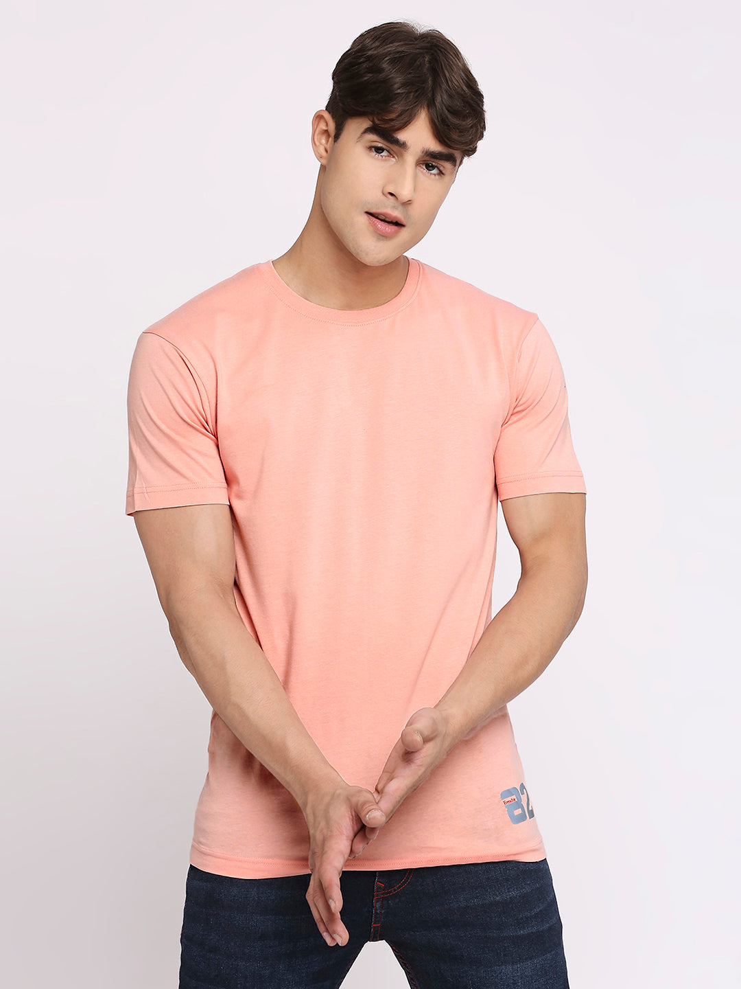 Solid Peach Pure Cotton Round Neck T-Shirt for Men