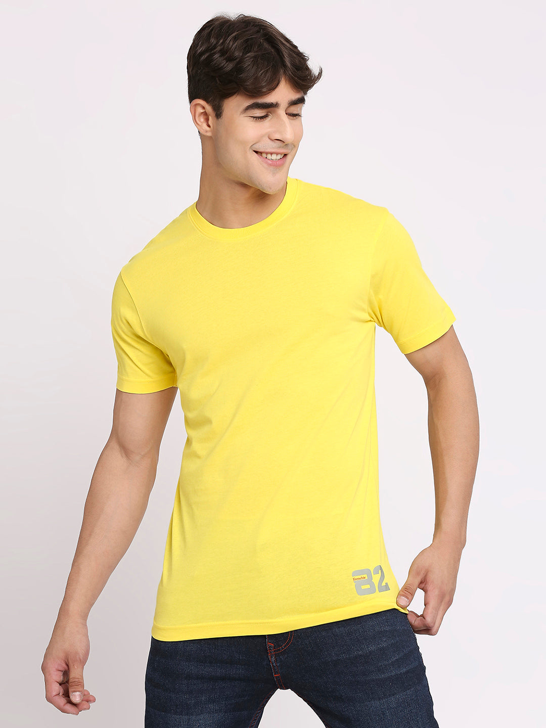 Solid Yellow Pure Cotton Round Neck T-Shirt for Men