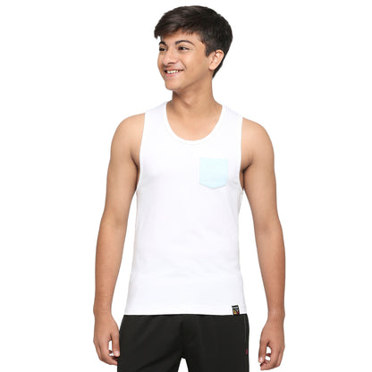 U-19 Teens Aqua Two colour vest made from cotton lycra melange fabric